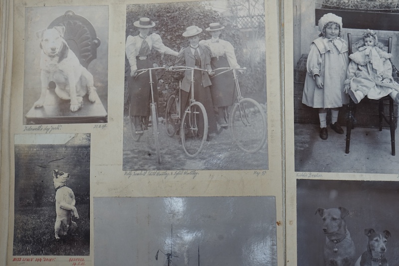 A late Victorian photograph album; 1890's onwards, assorted portraits, topography including Sussex, Hove Bowling Club, opening meeting 1905 and various railway related images. Condition - spine torn album damaged, photos